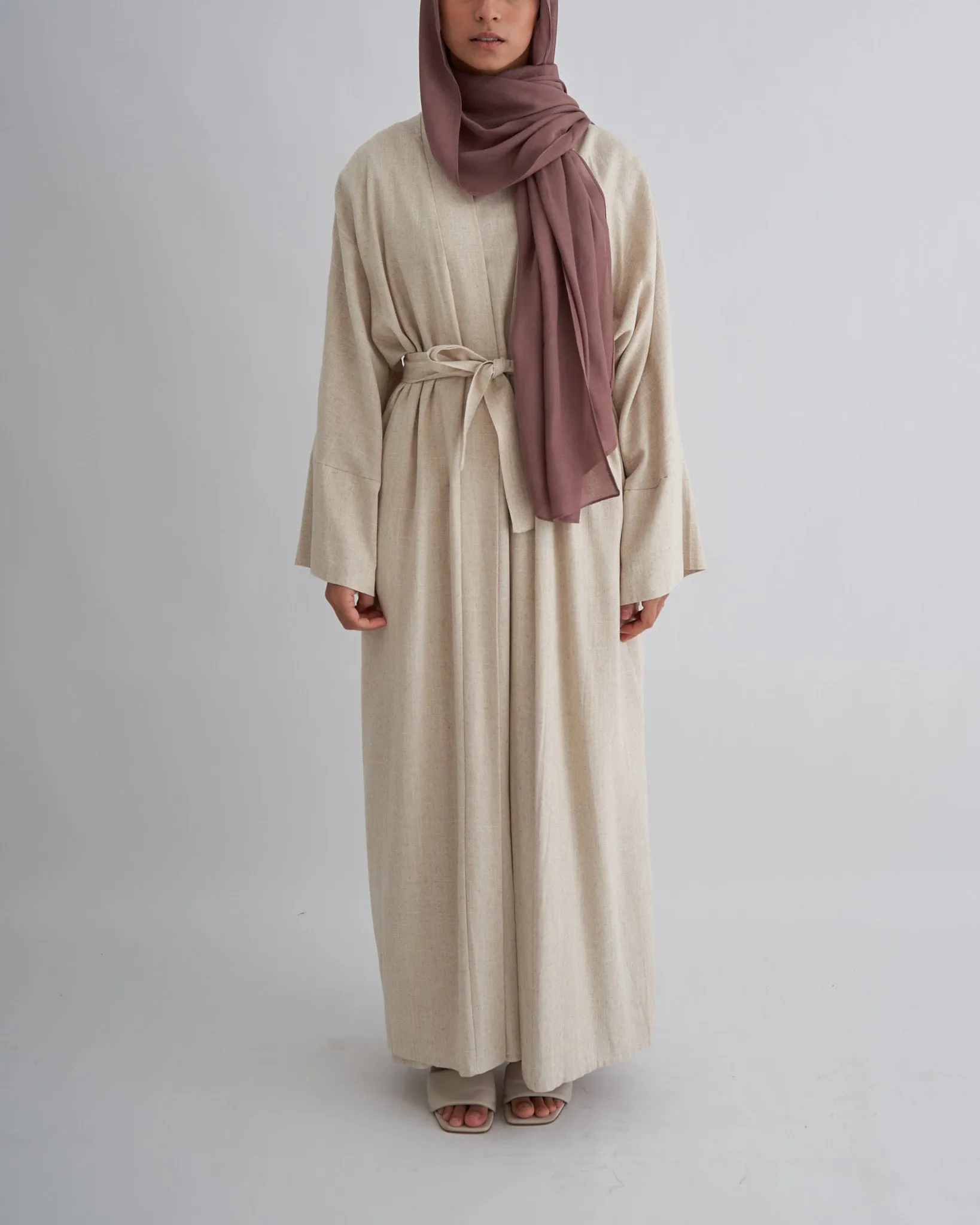 2PC Aya Linen Abaya Set - Sand