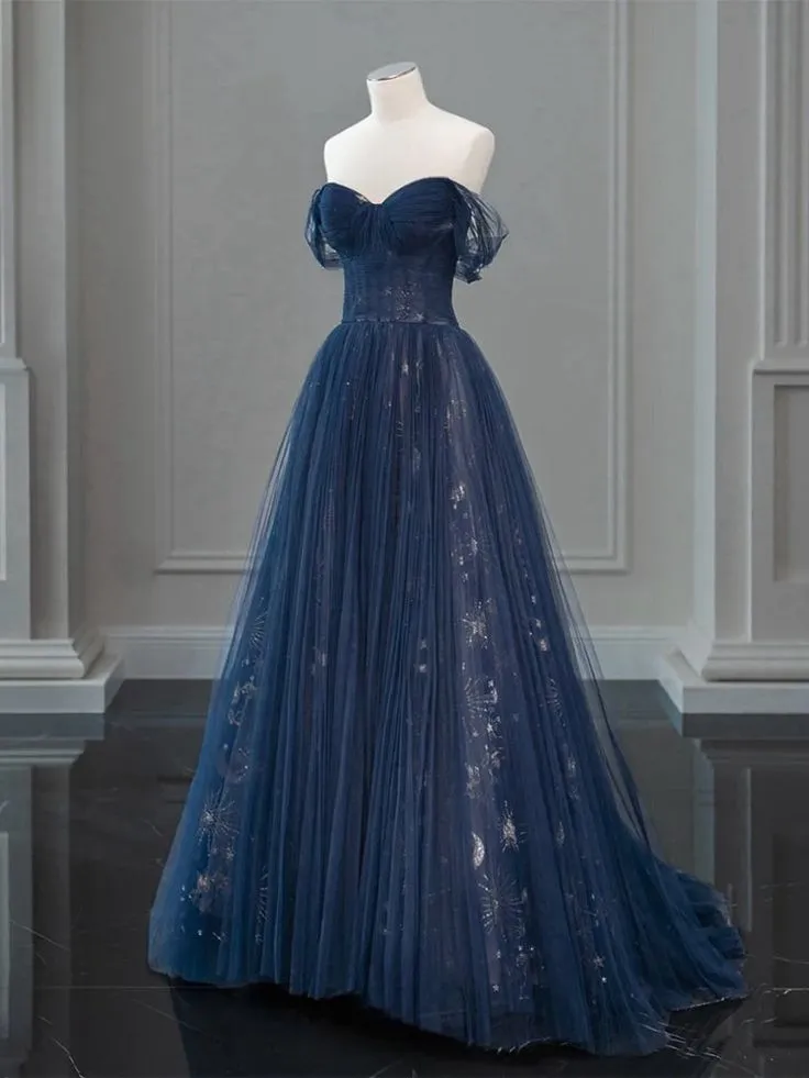 A-Line Off Shoulder Tulle Lace Dark Blue Long Prom Dress, Dark Blue Long Evening Dress      fg5177