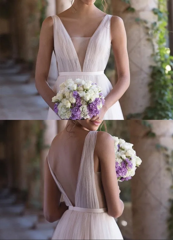 A line Tulle Low Back Wedding Dress