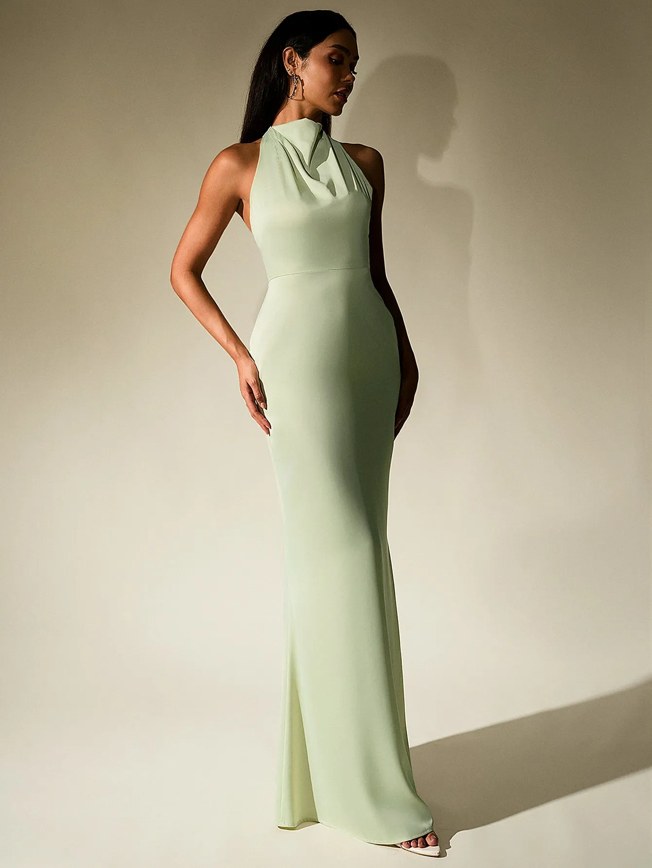 Backless Halter Stand Collar Satin Dress