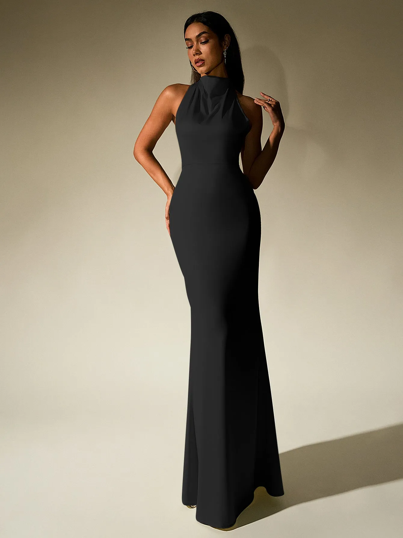 Backless Halter Stand Collar Satin Dress