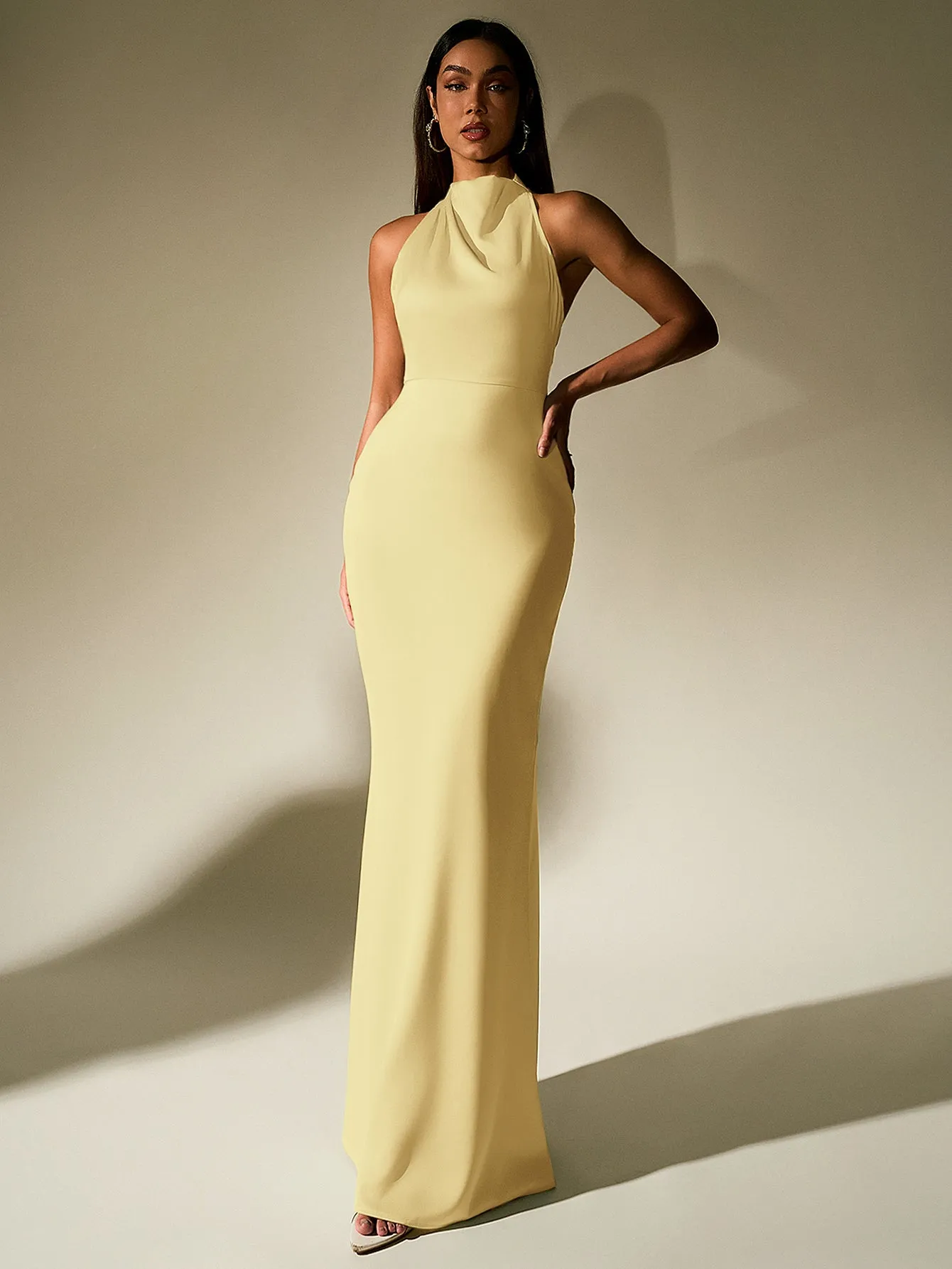 Backless Halter Stand Collar Satin Dress