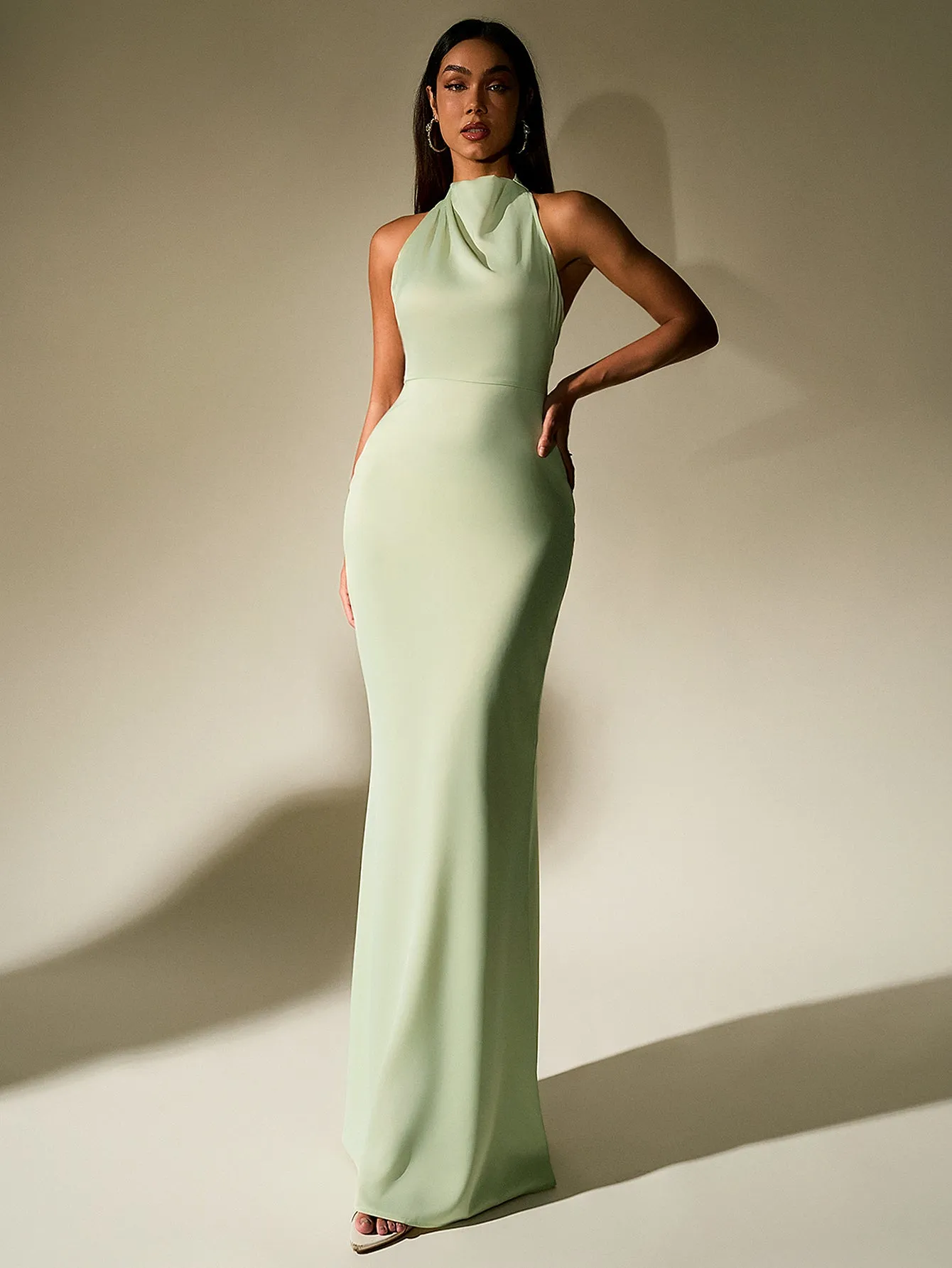 Backless Halter Stand Collar Satin Dress