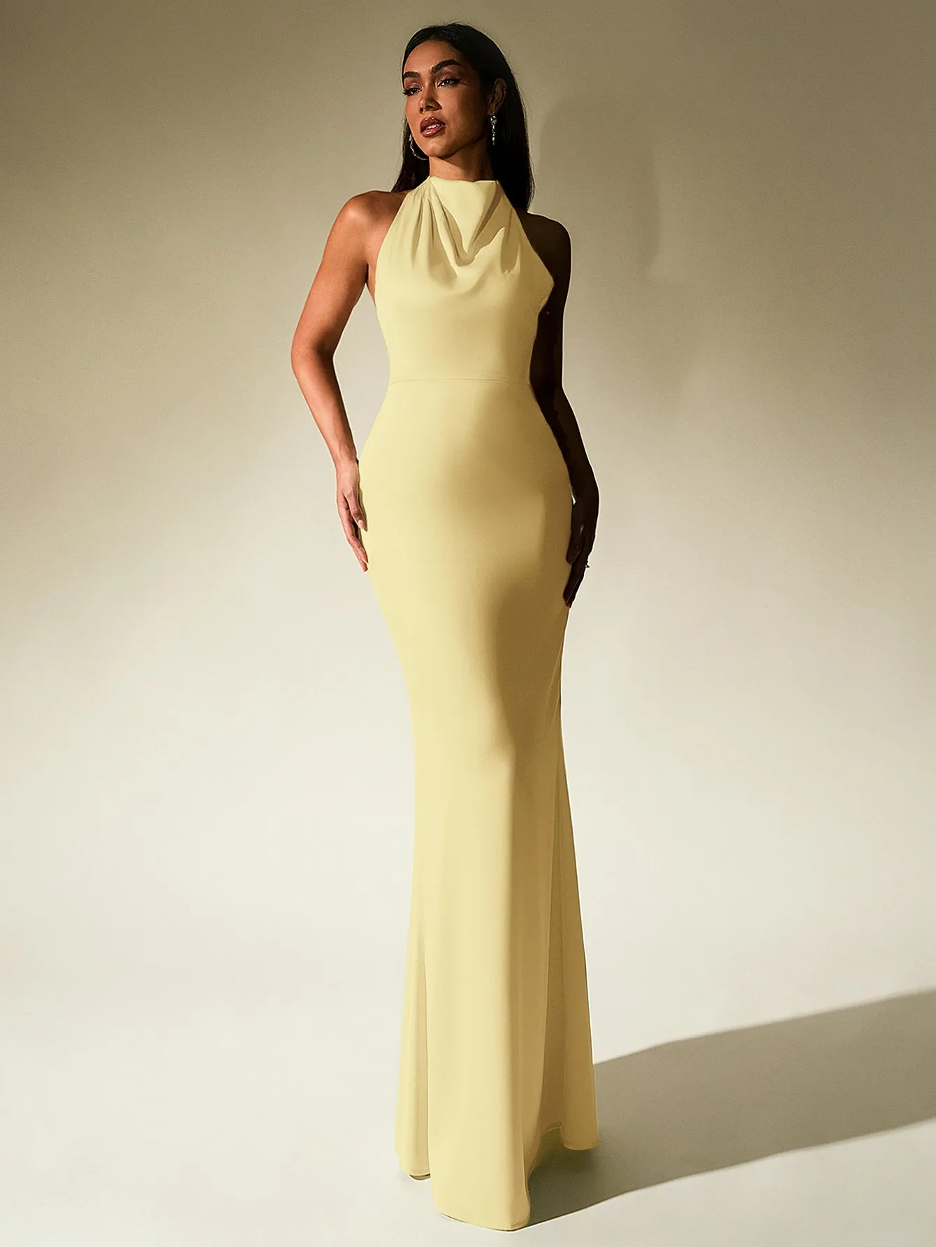 Backless Halter Stand Collar Satin Dress