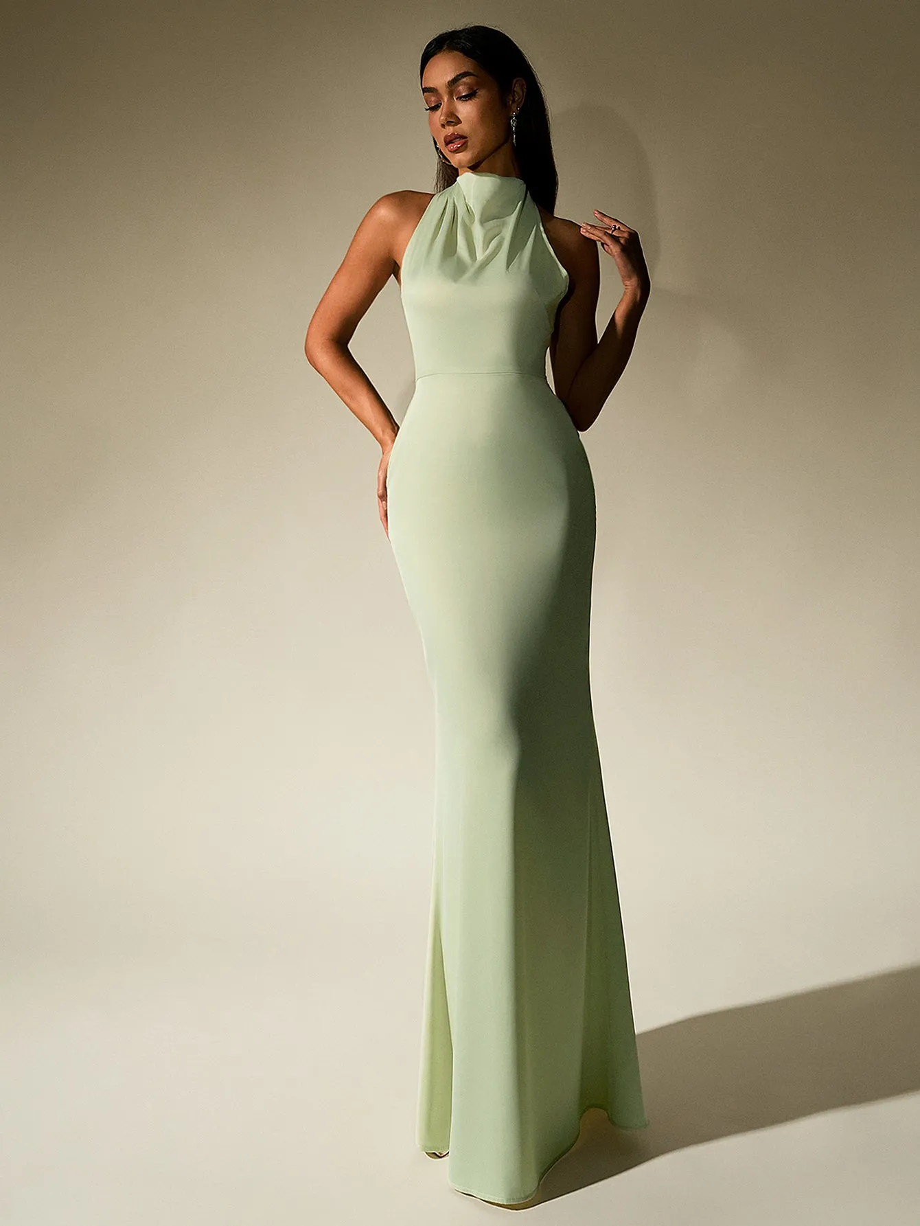 Backless Halter Stand Collar Satin Dress