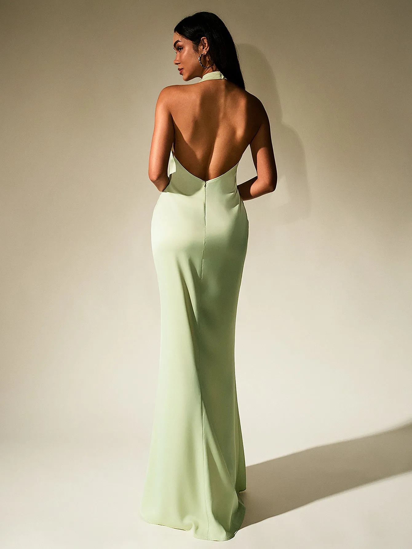 Backless Halter Stand Collar Satin Dress