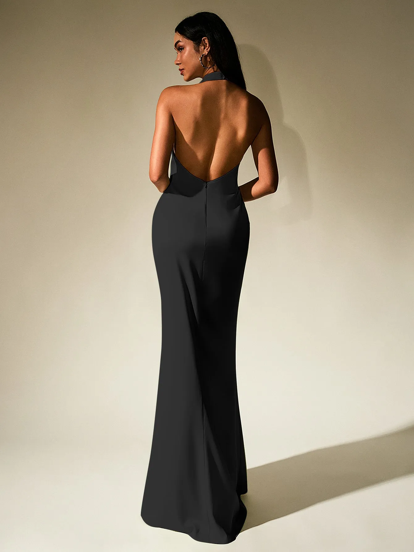 Backless Halter Stand Collar Satin Dress