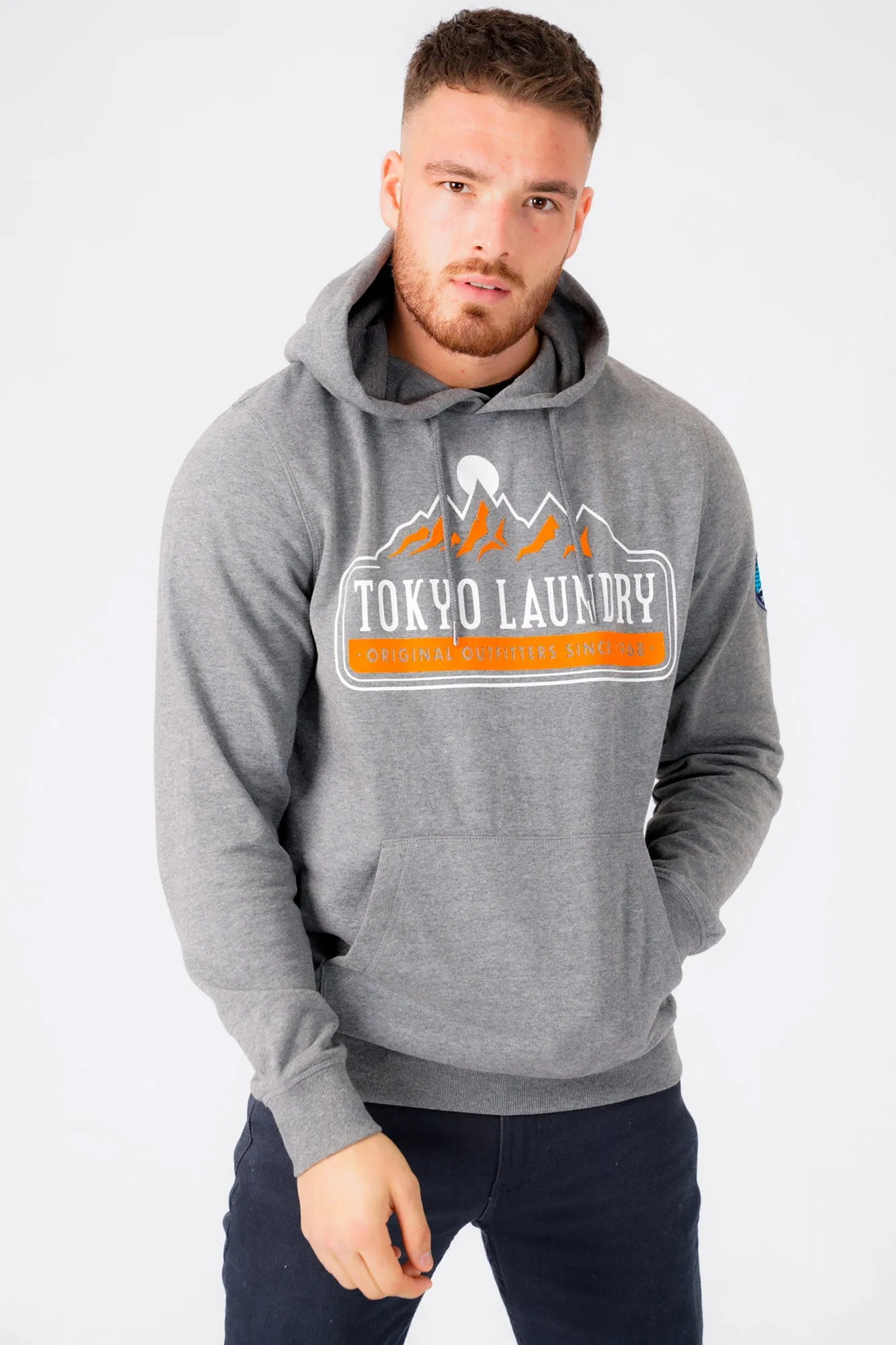 Brabyns Outdoor Motif Brush Back Fleece Pullover Hoodie In Mid Grey Marl - Tokyo Laundry