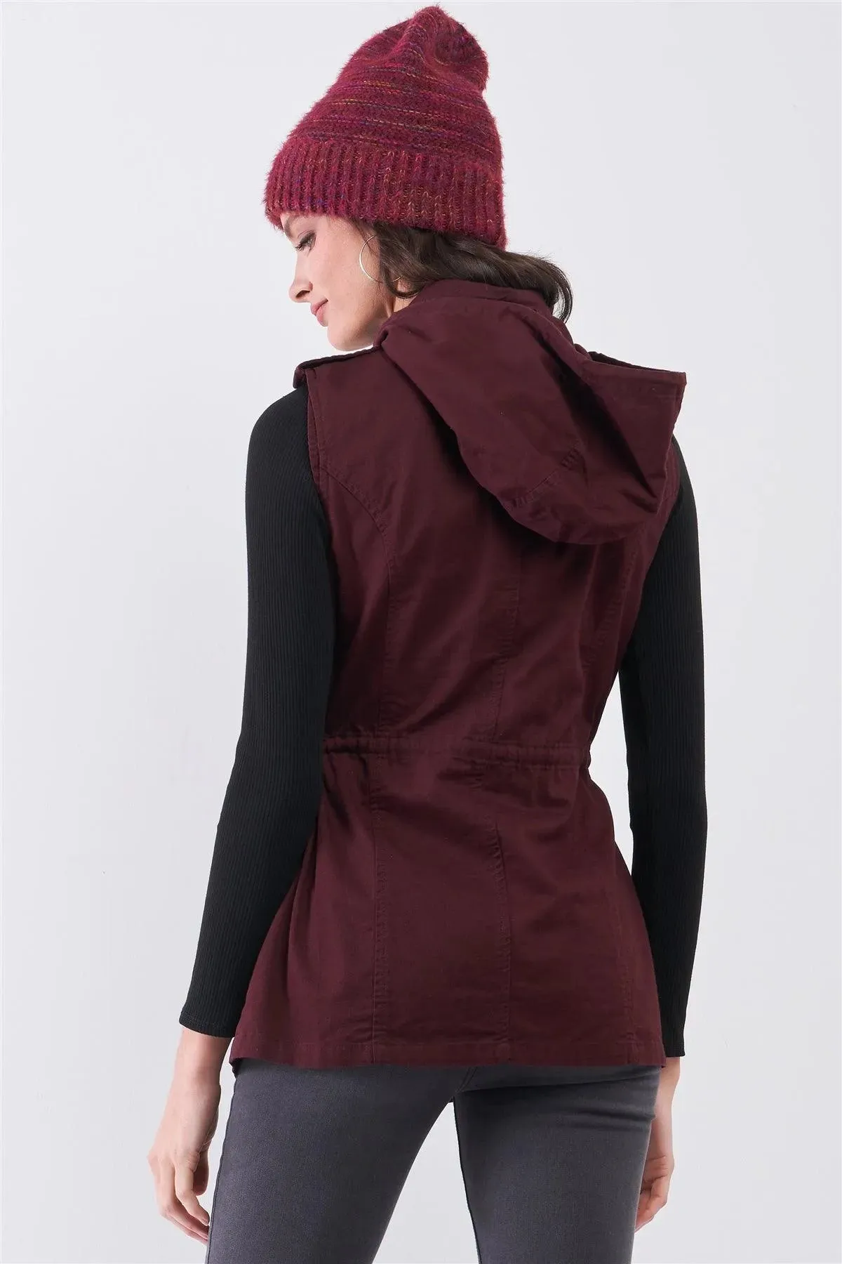 Burgundy Military Sleeveless Detachable Hoodie Vest Jacket