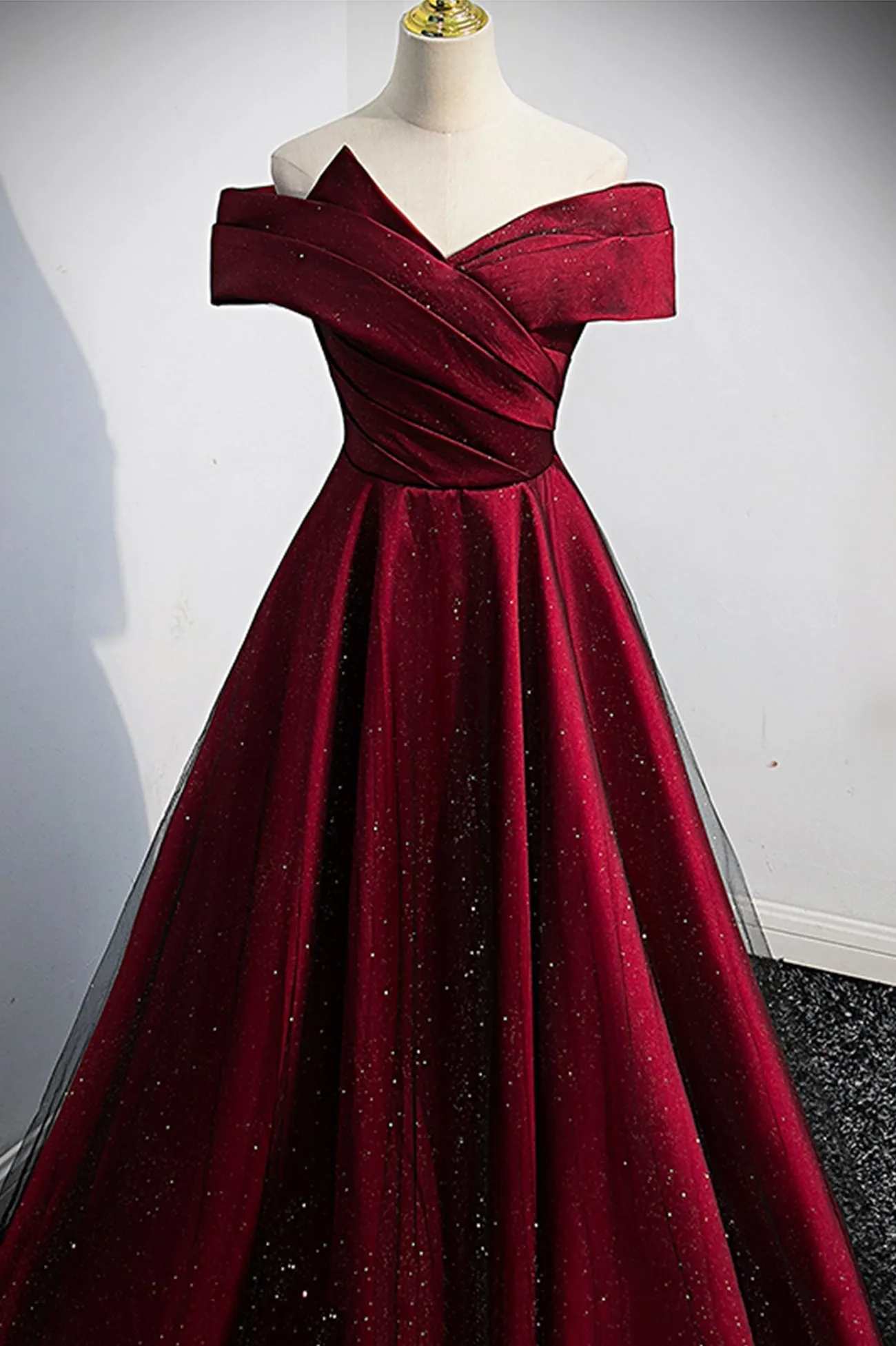 Burgundy Satin Off the Shoulder Prom Dress, A-Line Evening Graduation Dress