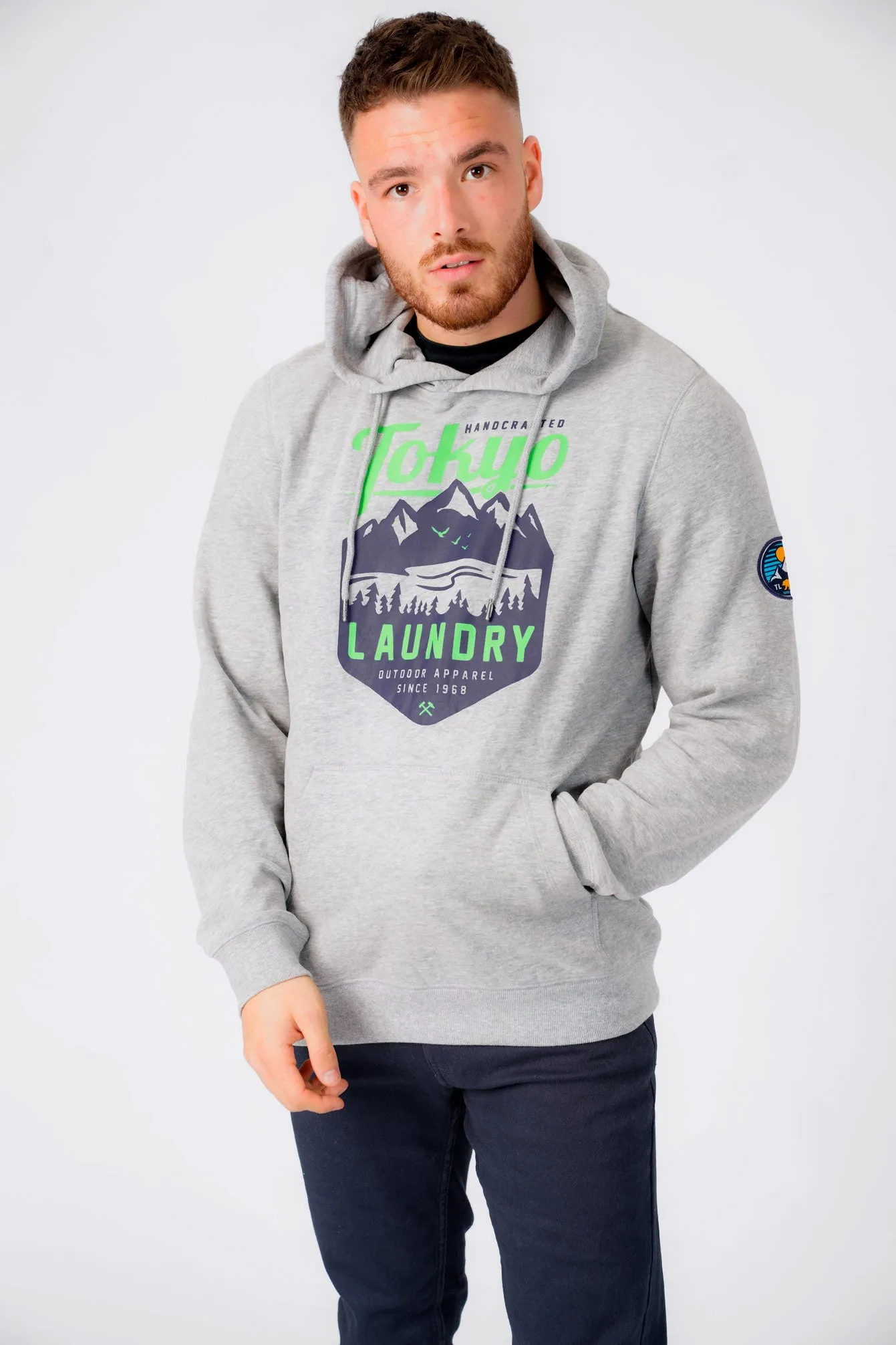 Calegreen Outdoor Motif Brush Back Fleece Pullover Hoodie In Light Grey Marl - Tokyo Laundry