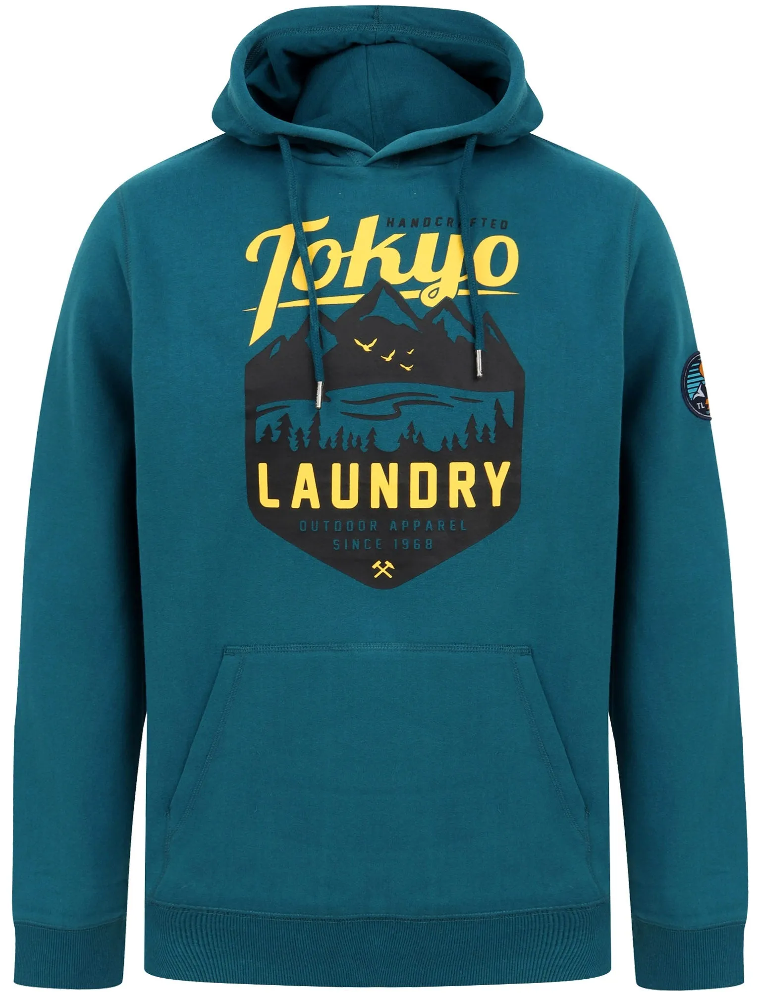 Calegreen Outdoor Motif Brush Back Fleece Pullover Hoodie In Moroccan Blue - Tokyo Laundry