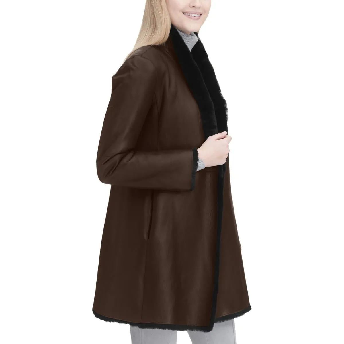 Calvin Klein Womens Lamb Shearling Reversible Leather Coat