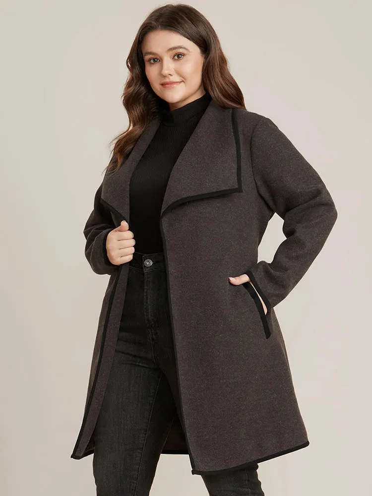 Contrast Trim Pocket Belted Lapel Collar Coat