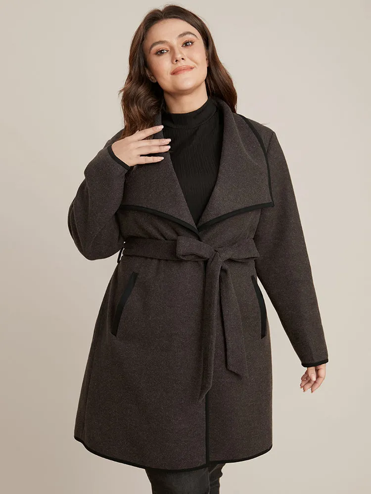 Contrast Trim Pocket Belted Lapel Collar Coat