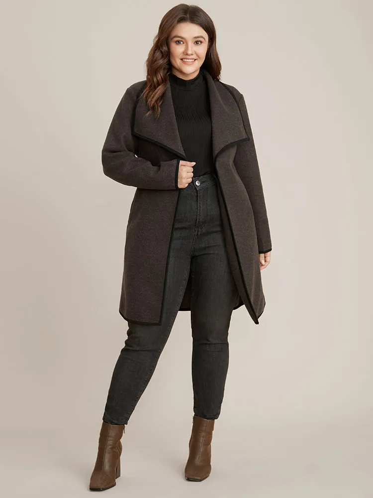 Contrast Trim Pocket Belted Lapel Collar Coat