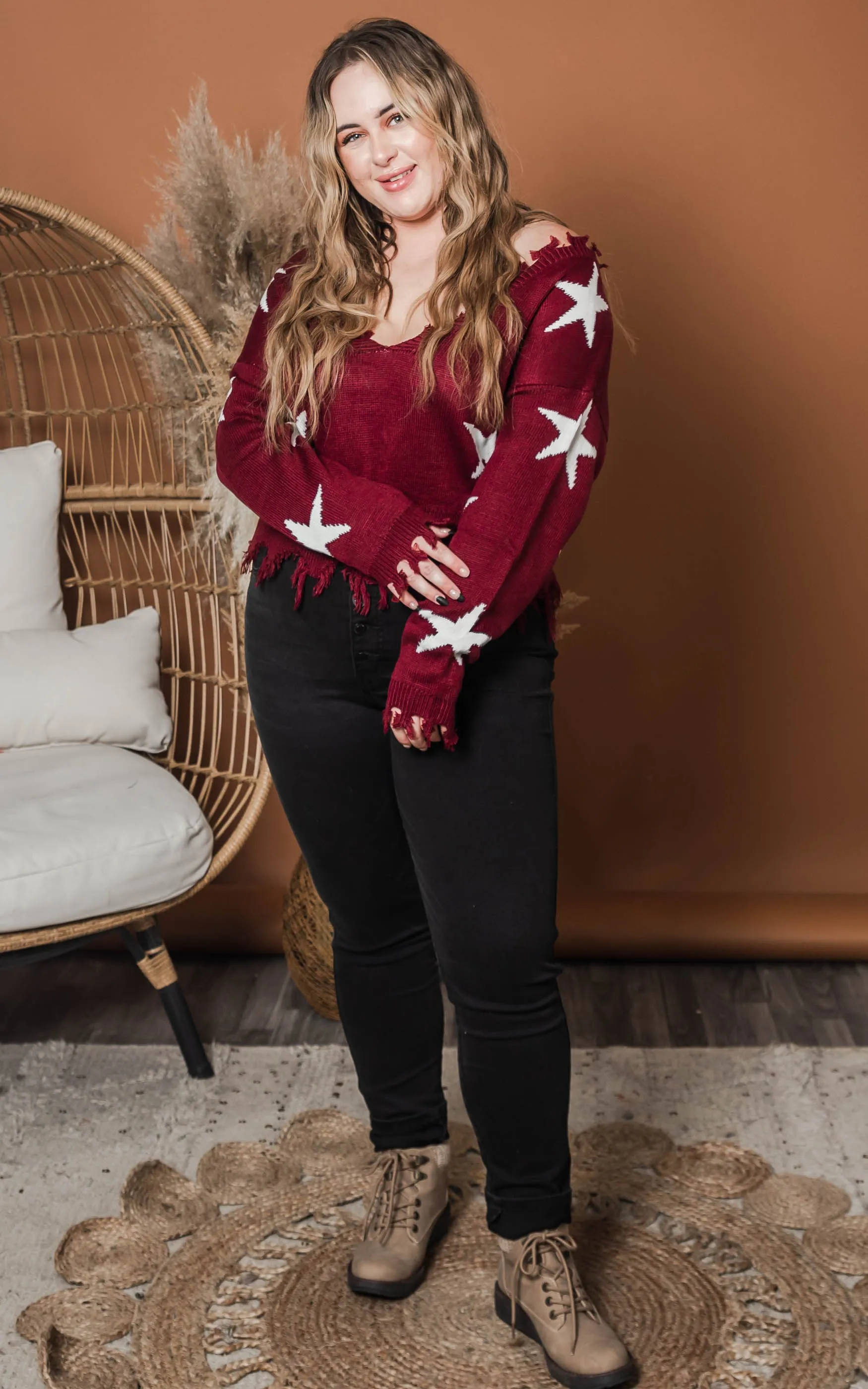 Curvy Girl - Distressed Burgundy Star Sweater - Final Sale