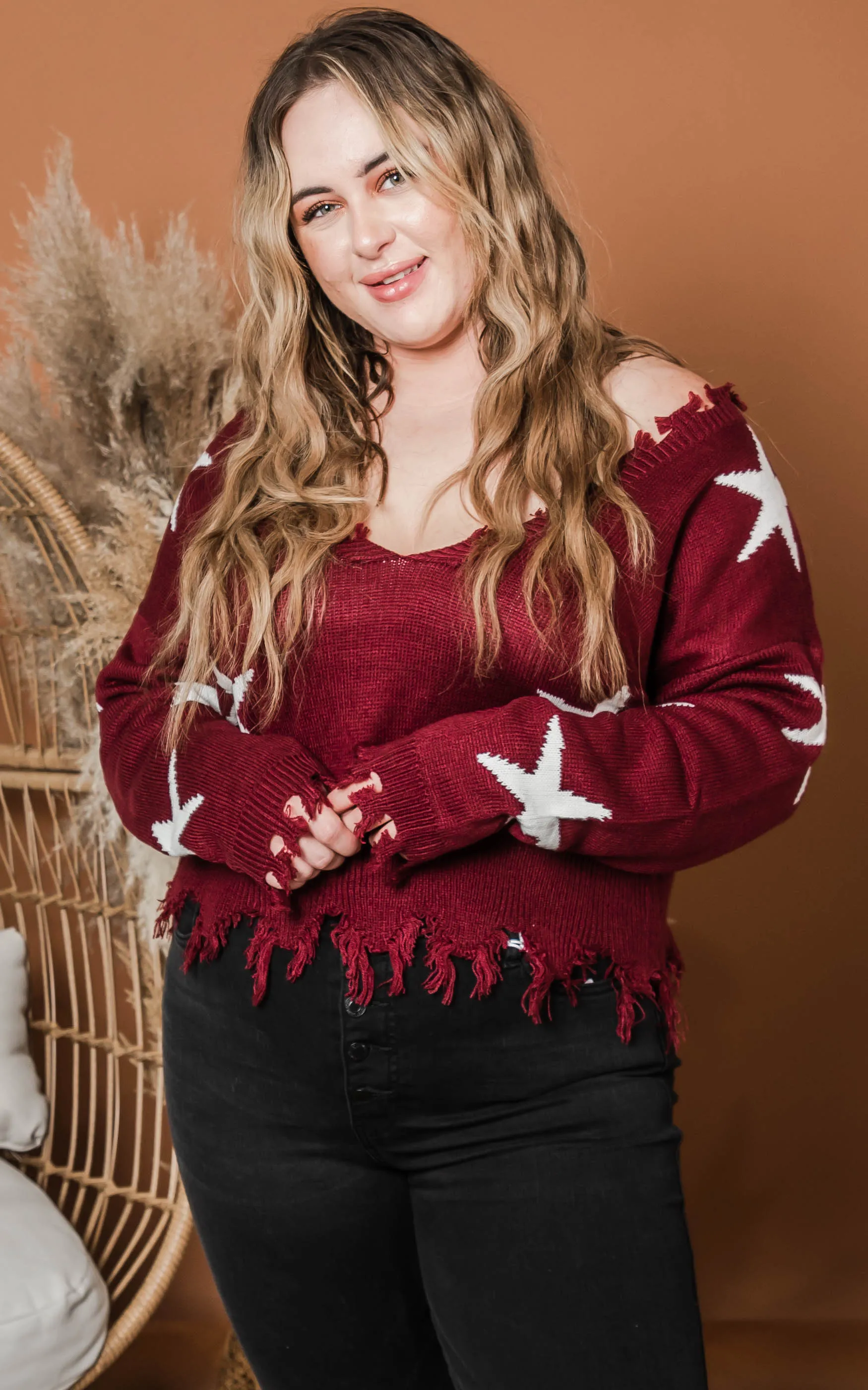 Curvy Girl - Distressed Burgundy Star Sweater - Final Sale