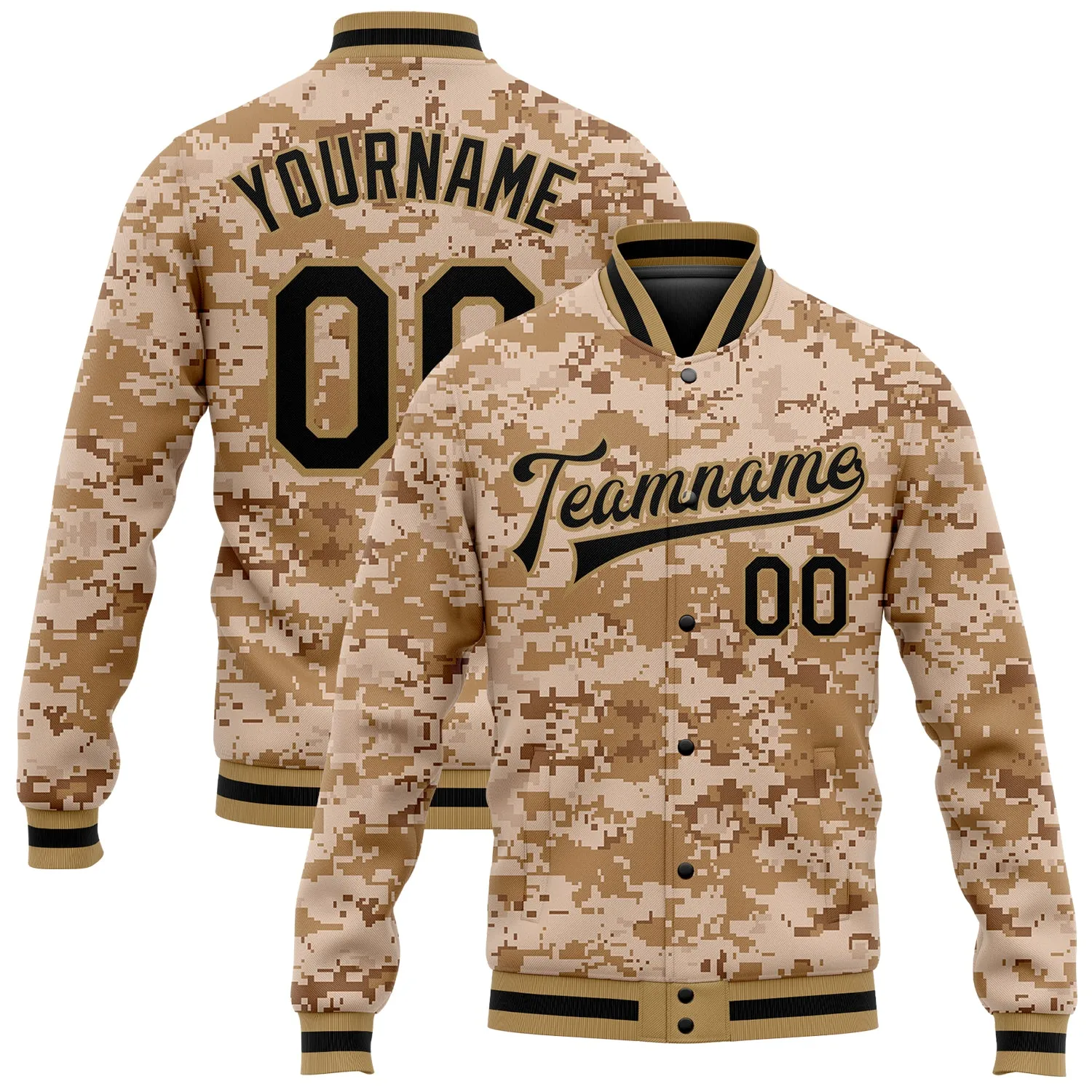 Custom Camo Black-Old Gold 3D Bomber Full-Snap Varsity Letterman Salute To Service Jacket