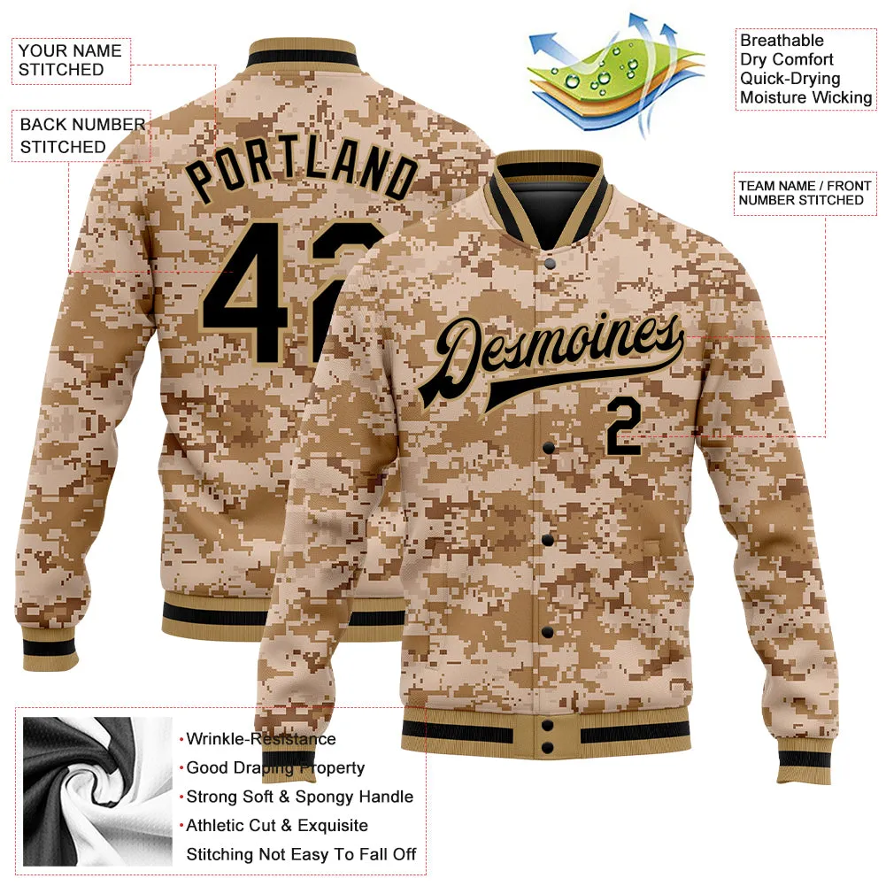 Custom Camo Black-Old Gold 3D Bomber Full-Snap Varsity Letterman Salute To Service Jacket