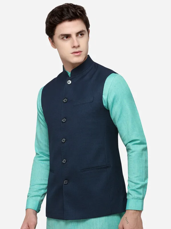 Dark Blue Regular Fit Checked Modi Jacket | JadeBlue