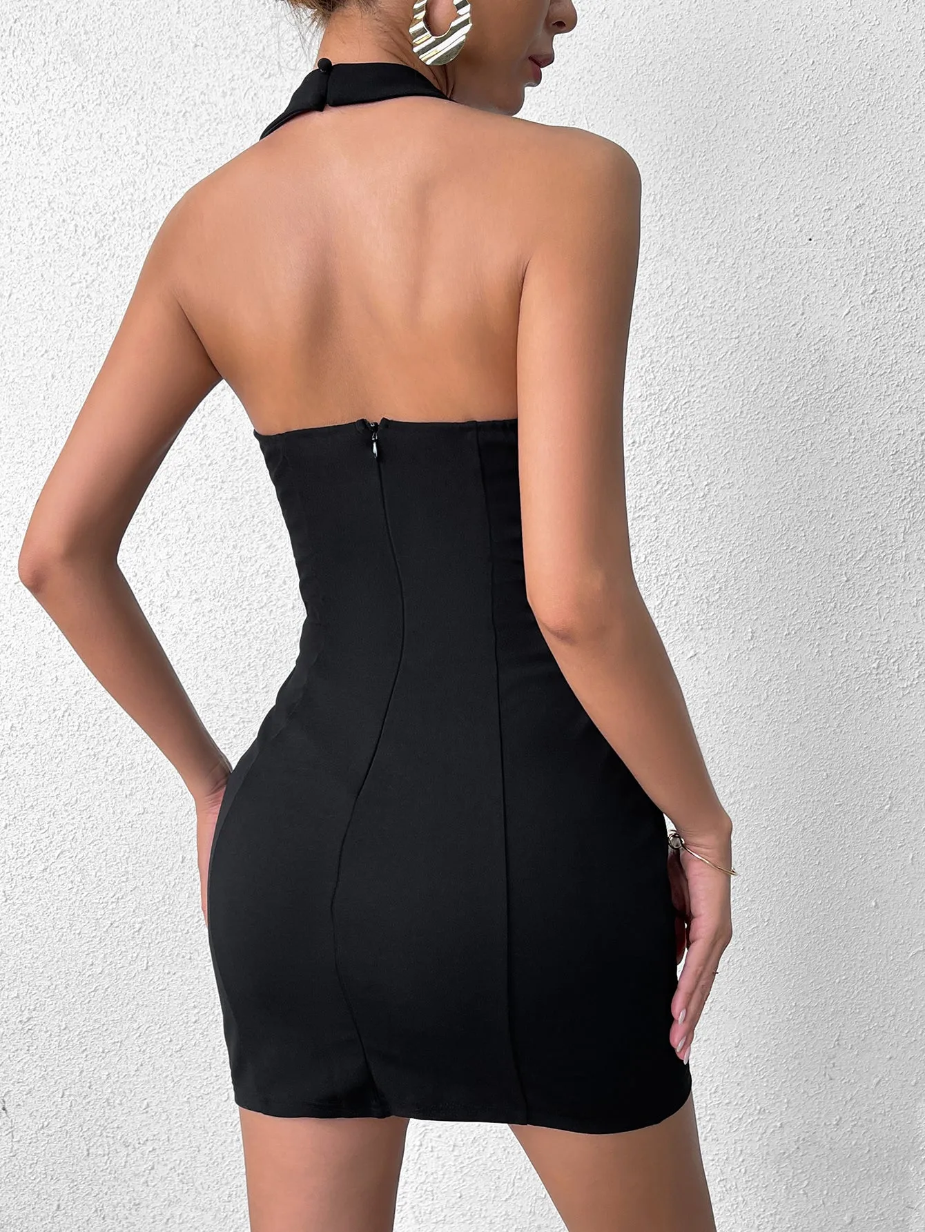 Deep V-Neck Halter Zipper Back Dress