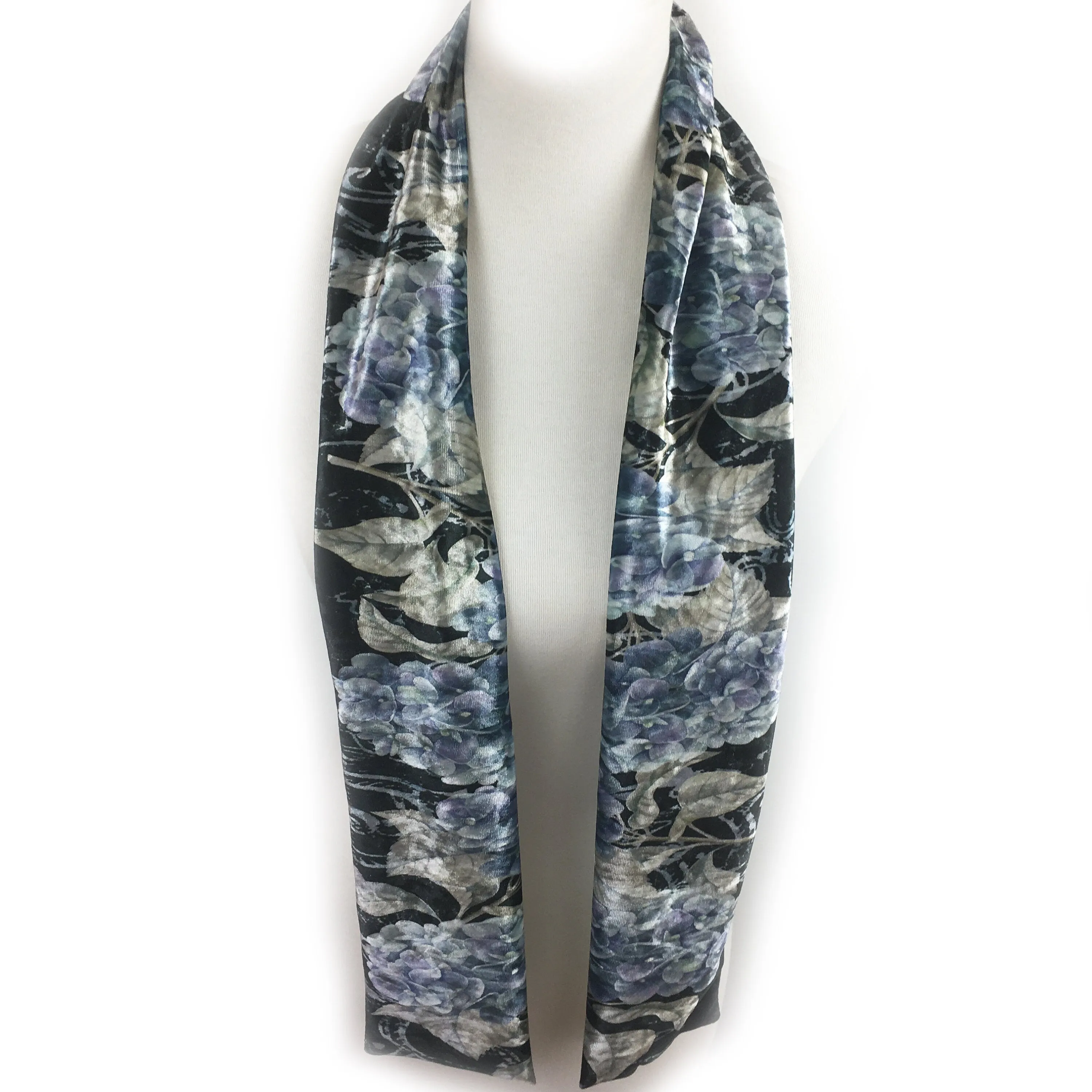 Denim Blue Hydrangea Velour Scarf, Womans Scarf, All season, Luminous Scarf, hand painted scarf, artist scarf, Wear all day or evening