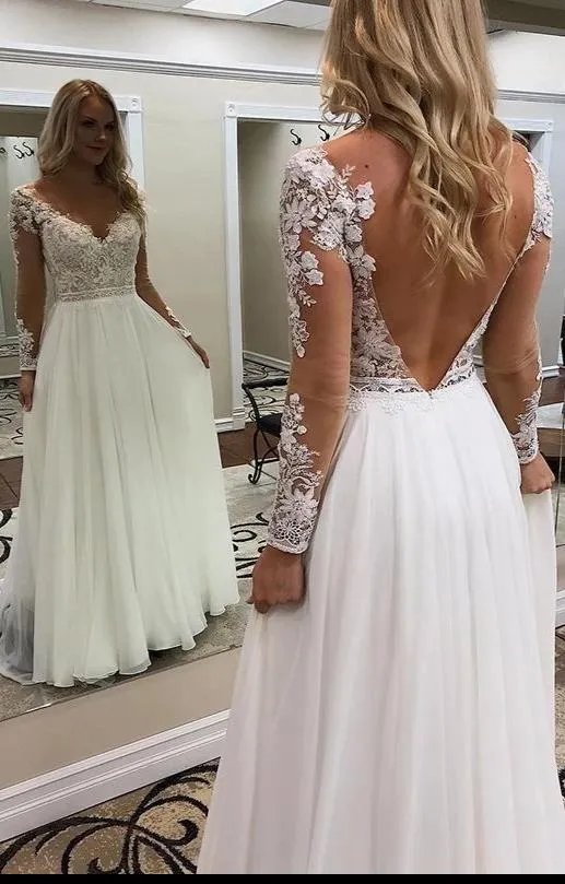 Elegant Long Sleeve Lace Sexy V-back Bohemian Wedding Dress