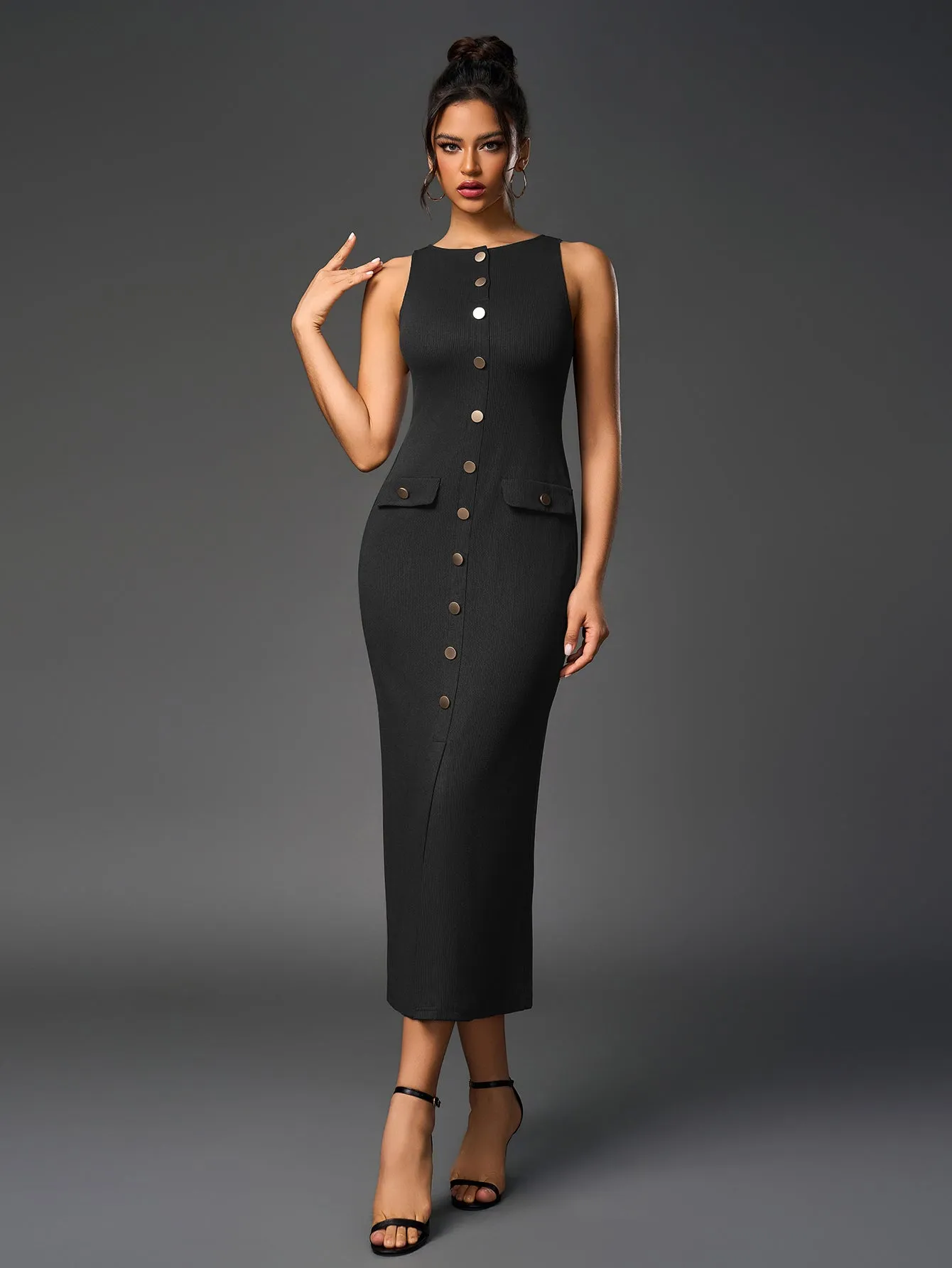 Embellished Button Split Hem Bodycon Dress