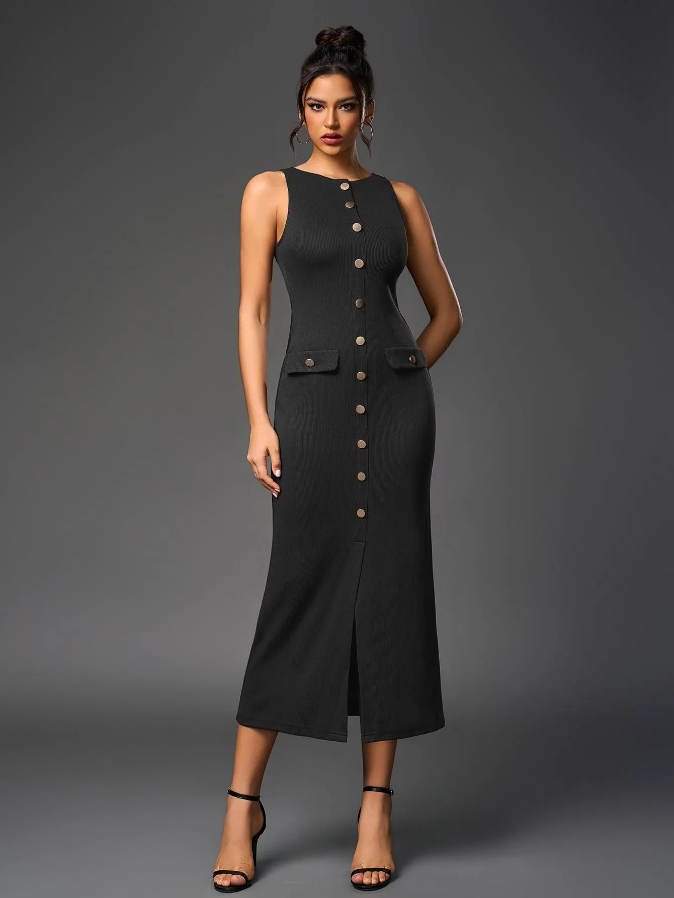 Embellished Button Split Hem Bodycon Dress