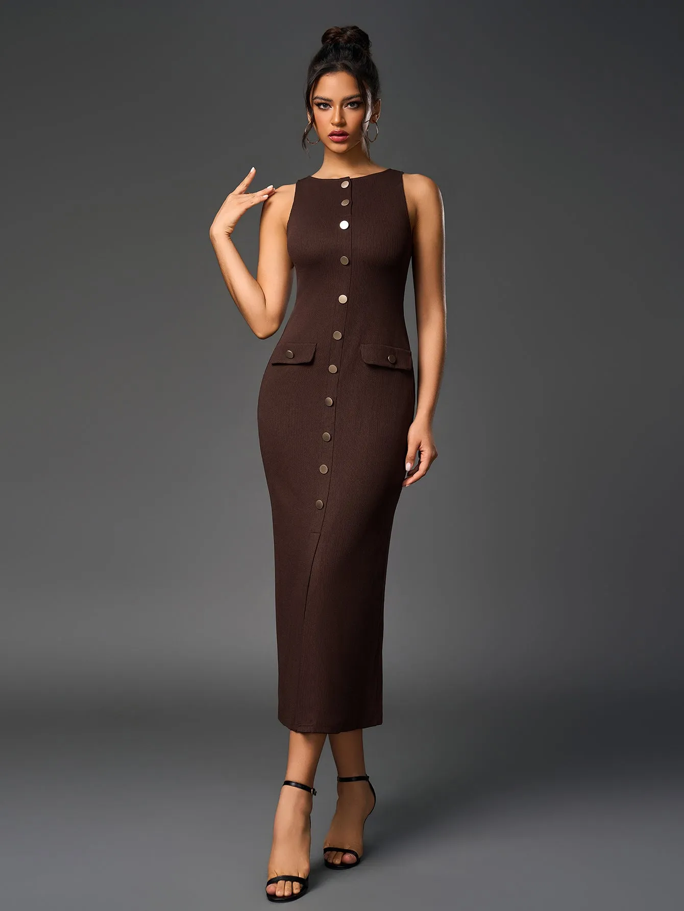 Embellished Button Split Hem Bodycon Dress