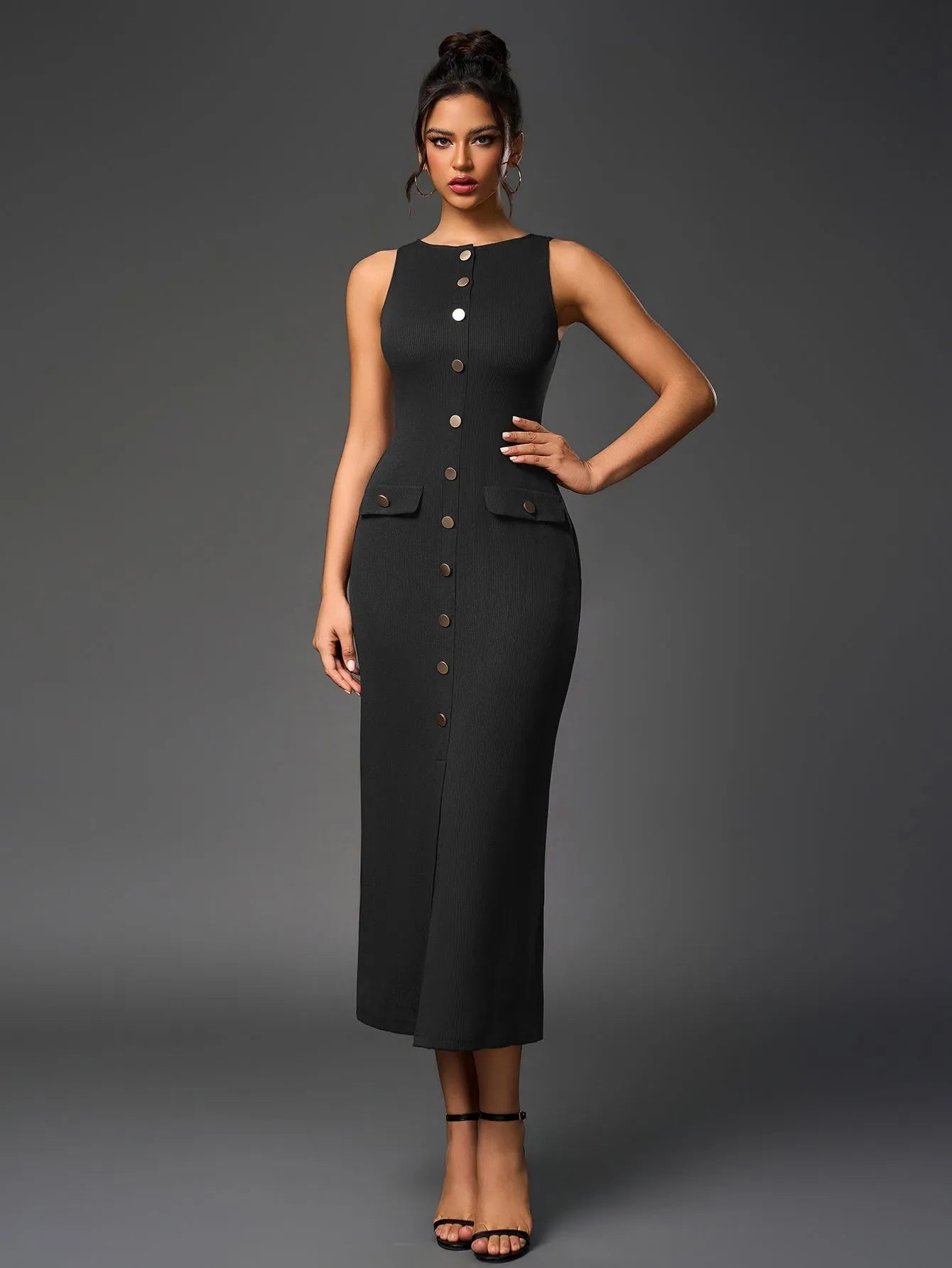 Embellished Button Split Hem Bodycon Dress