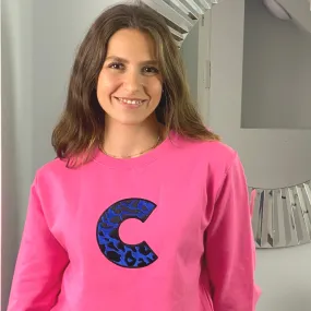 Embroidered Animal Print Initial Candy Pink Sweatshirt