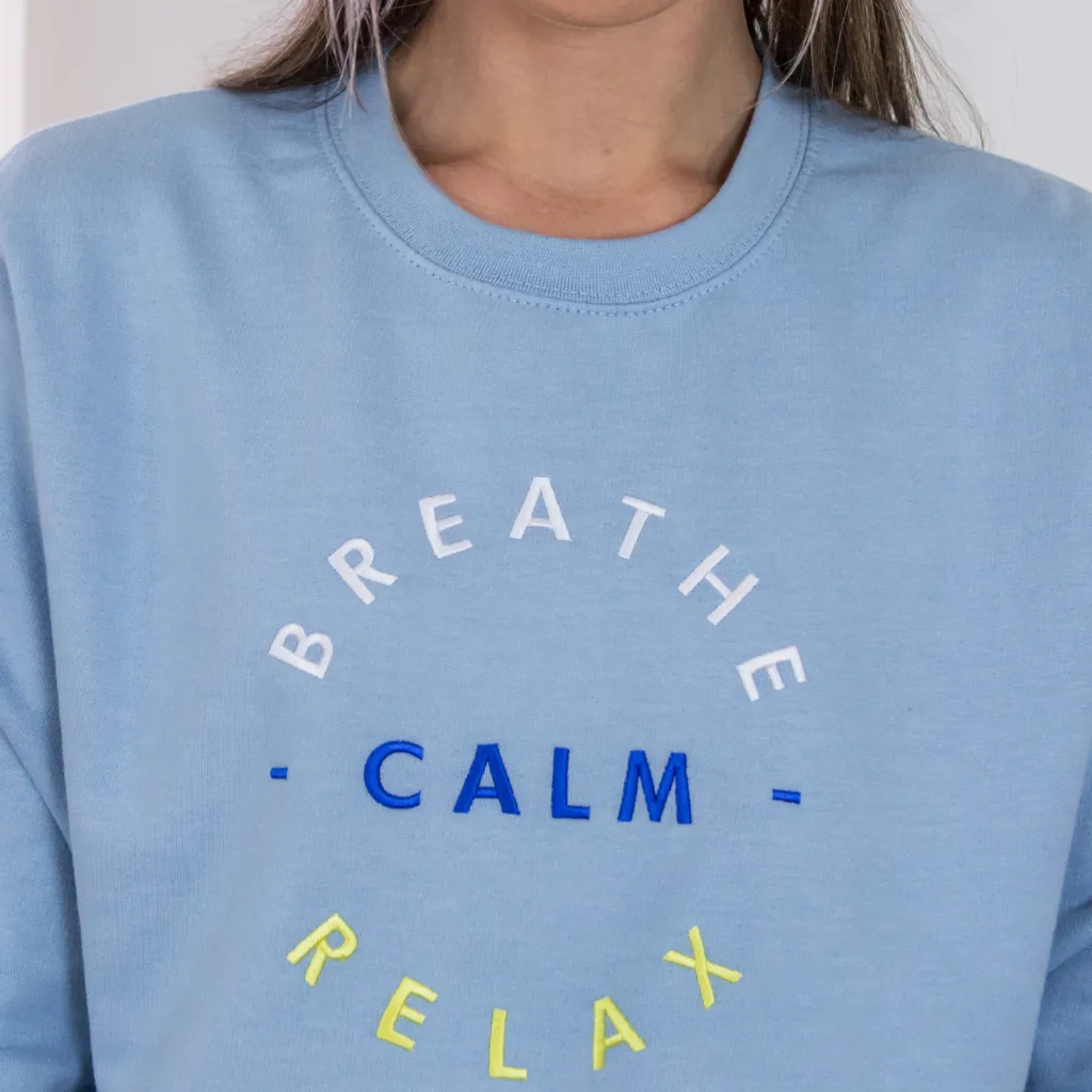 Embroidered Breathe Calm Relax in soft blue