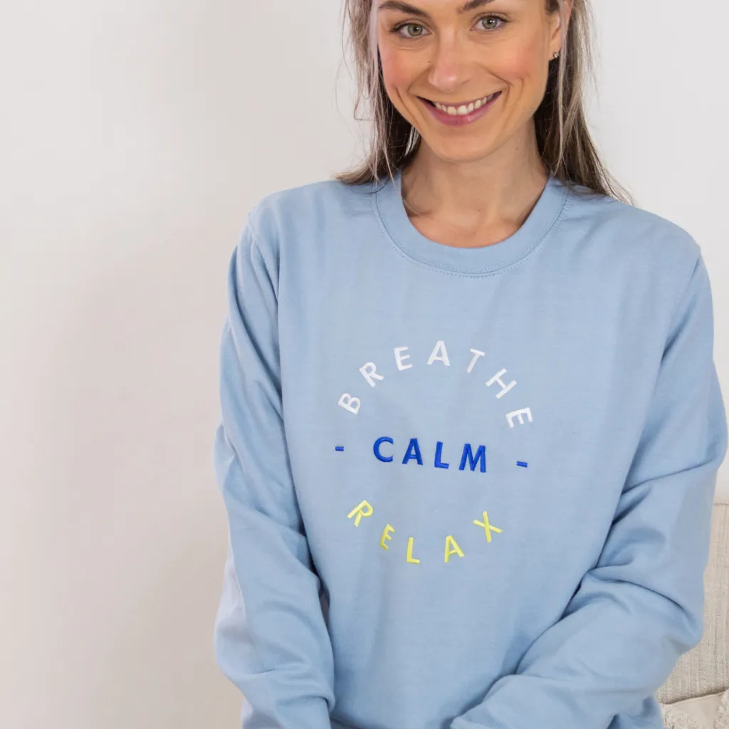 Embroidered Breathe Calm Relax in soft blue