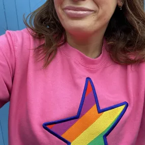 Embroidered Rainbow STAR Sweatshirt in Bright Pink