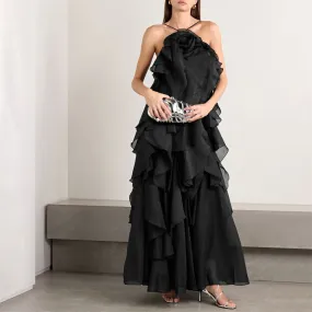 Ethereal Chiffon Rosette Tiered Ruffle Tie Backless Vacation Maxi Dress