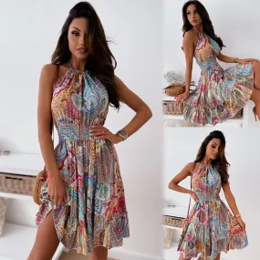 Floral Design Backless Boho Dress