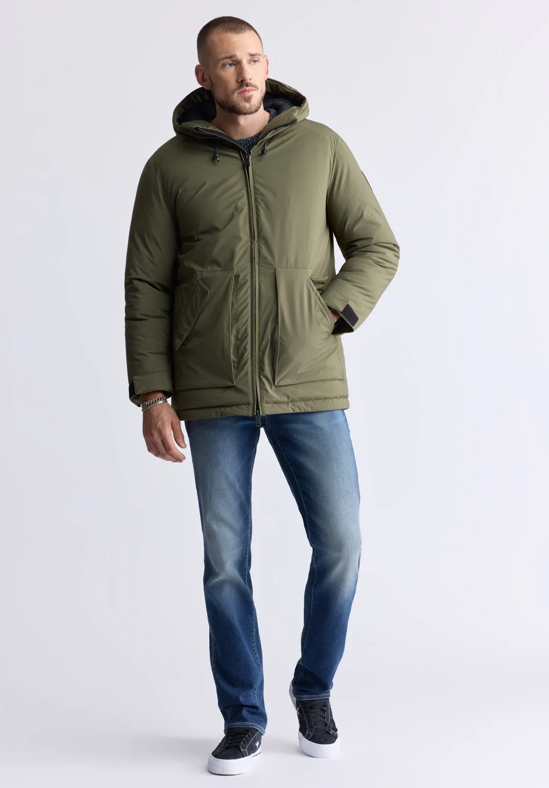 Gavin Men’s Mid-length Two-way Zip-up Classic Parka, Olive green - OBMFP001