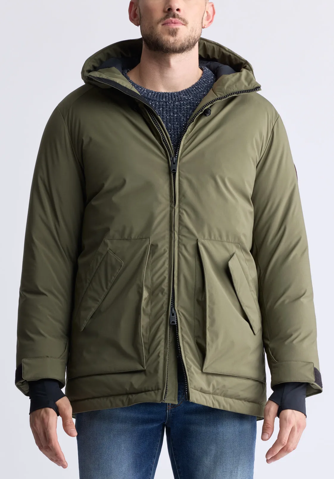 Gavin Men’s Mid-length Two-way Zip-up Classic Parka, Olive green - OBMFP001