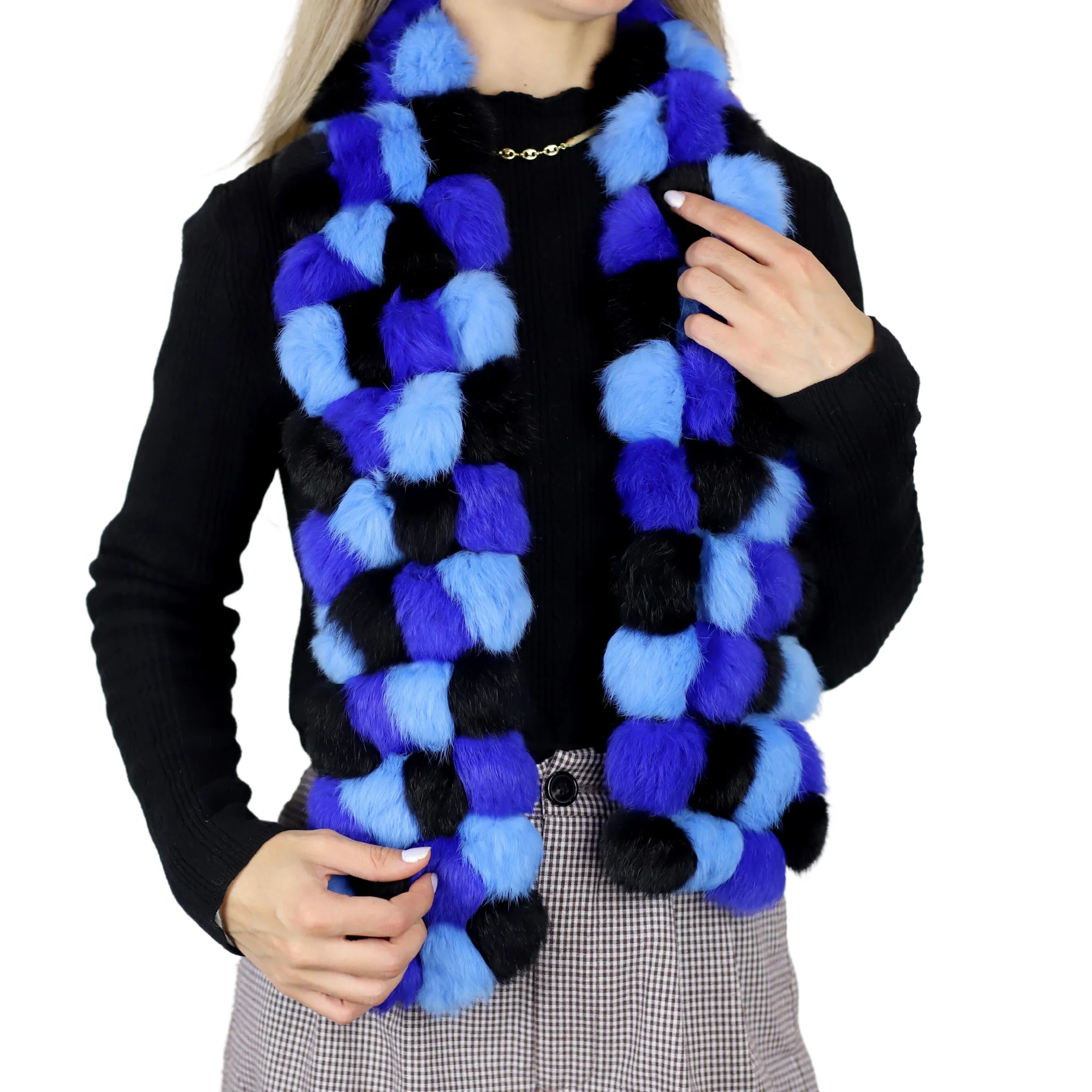 Genuine Rabbit Pom Pom Scarf - Blue/Navy