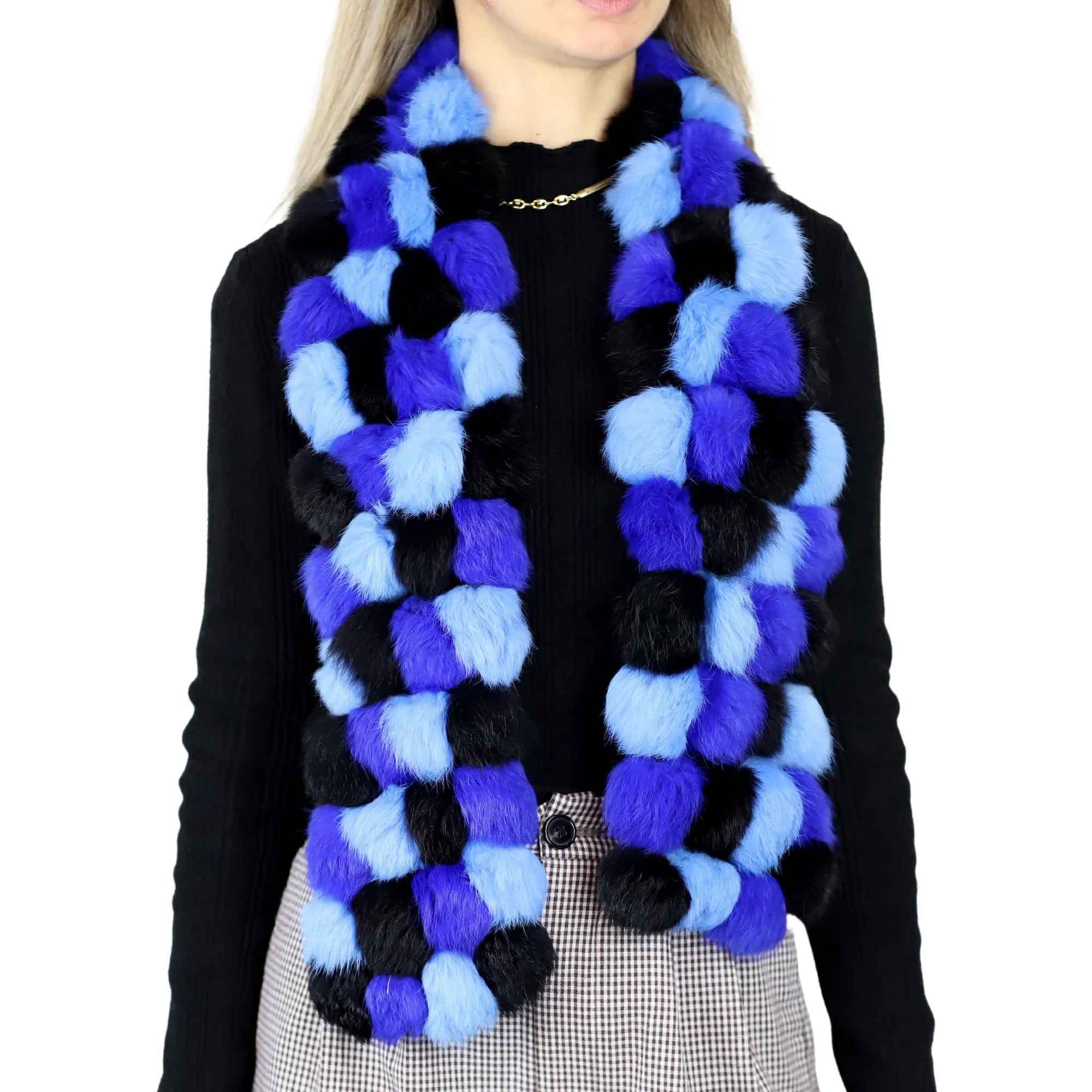 Genuine Rabbit Pom Pom Scarf - Blue/Navy