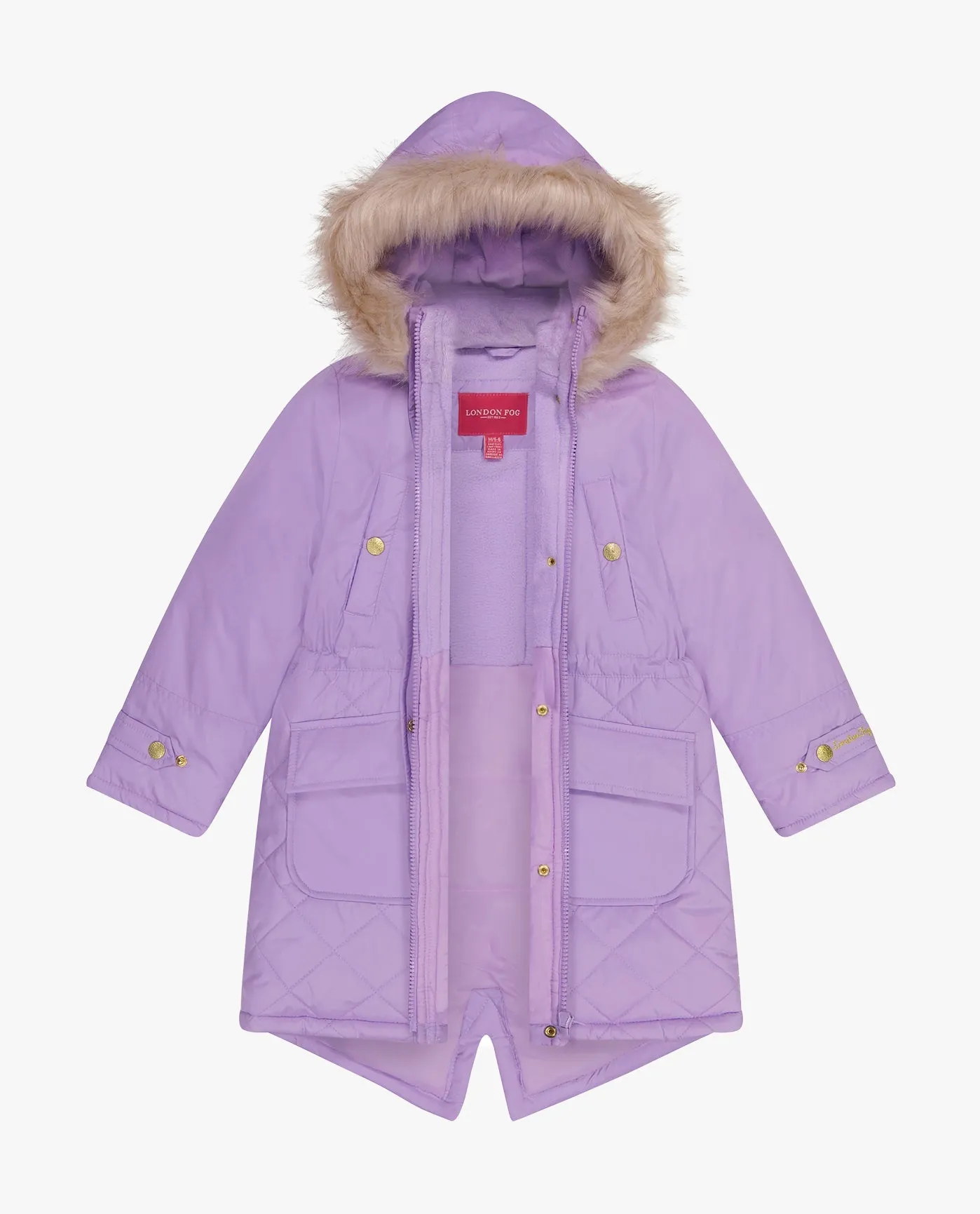 GIRLS ZIP-FRONT MID CINCH QUILTED PARKA WITH FUR TRIMMED HOOD