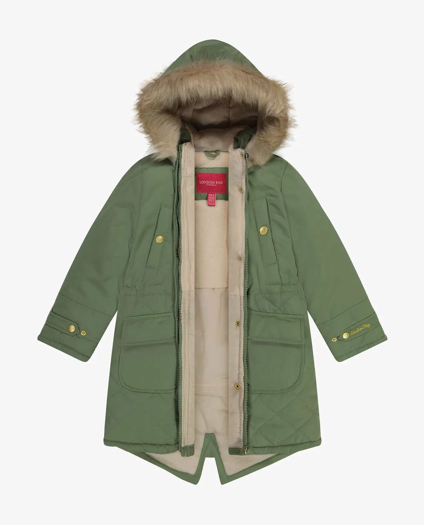 GIRLS ZIP-FRONT MID CINCH QUILTED PARKA WITH FUR TRIMMED HOOD