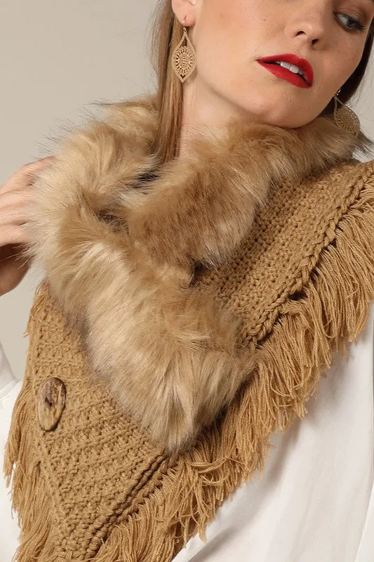 Grey basket weave and soft faux fur with frayed fringe and wood button accent wrap