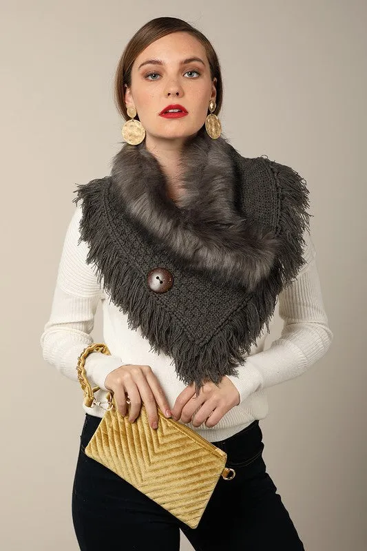 Grey basket weave and soft faux fur with frayed fringe and wood button accent wrap