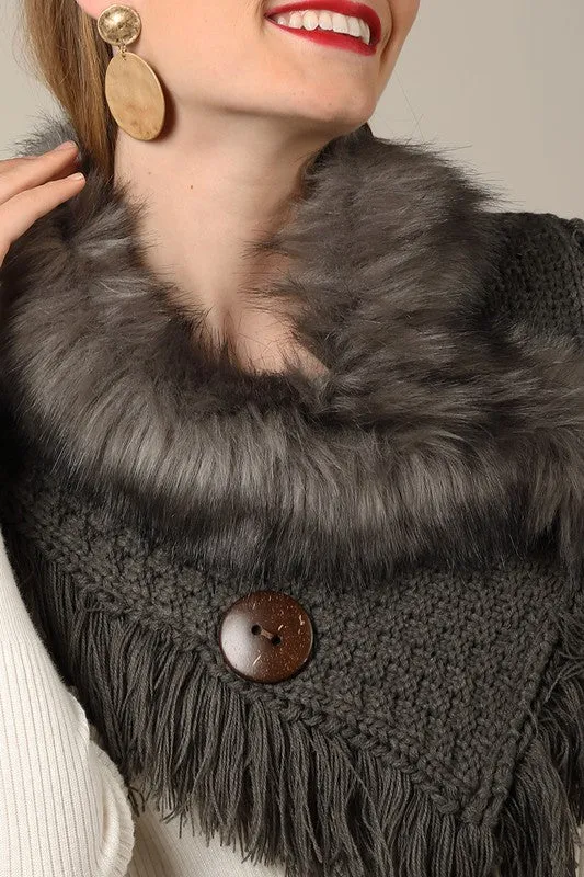 Grey basket weave and soft faux fur with frayed fringe and wood button accent wrap