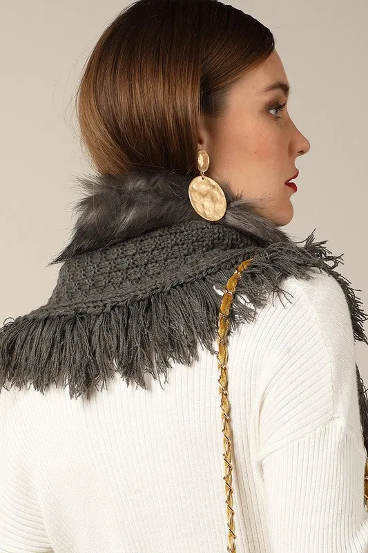 Grey basket weave and soft faux fur with frayed fringe and wood button accent wrap