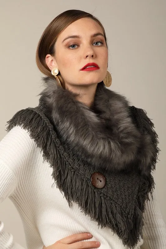 Grey basket weave and soft faux fur with frayed fringe and wood button accent wrap