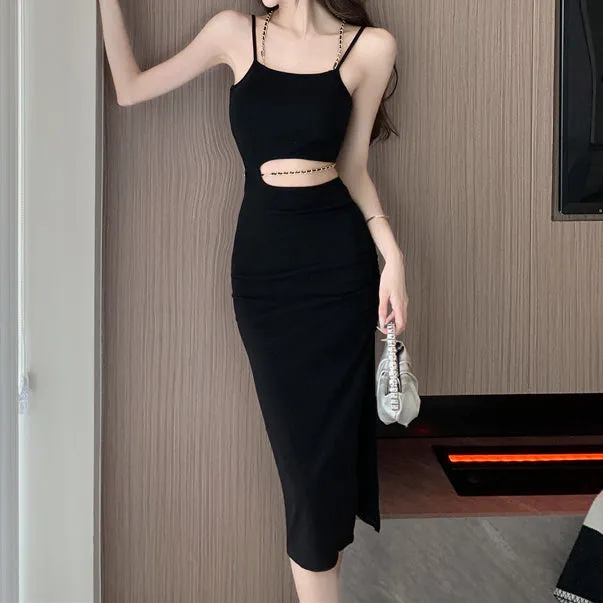 Halter Neck Hollow Chain Slit Slip Dress